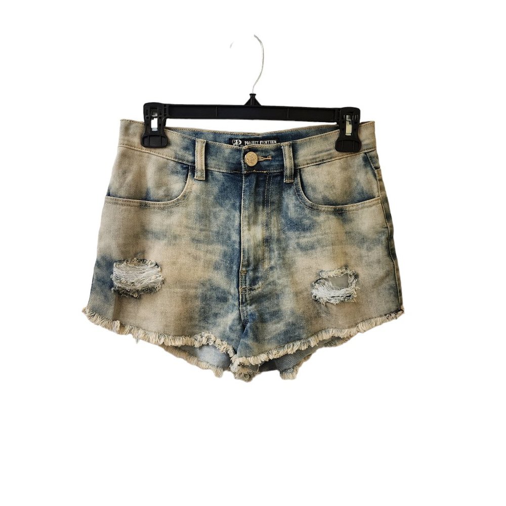 Project Eighteen Dirty Denim Lightweight Jean Shorts Medium Raw Hem High Rise